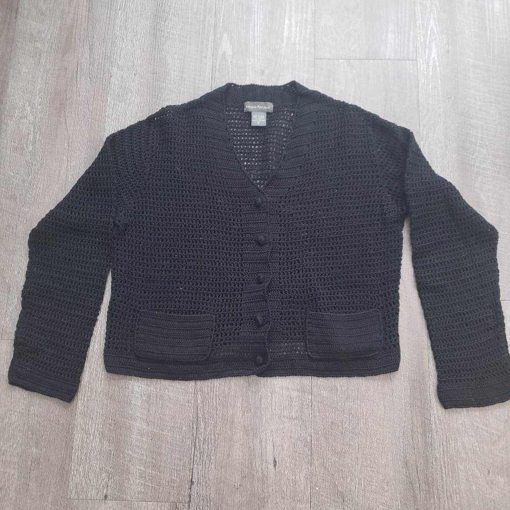Banana Republic Crochet Knit Button Up Sweater Women's M Black